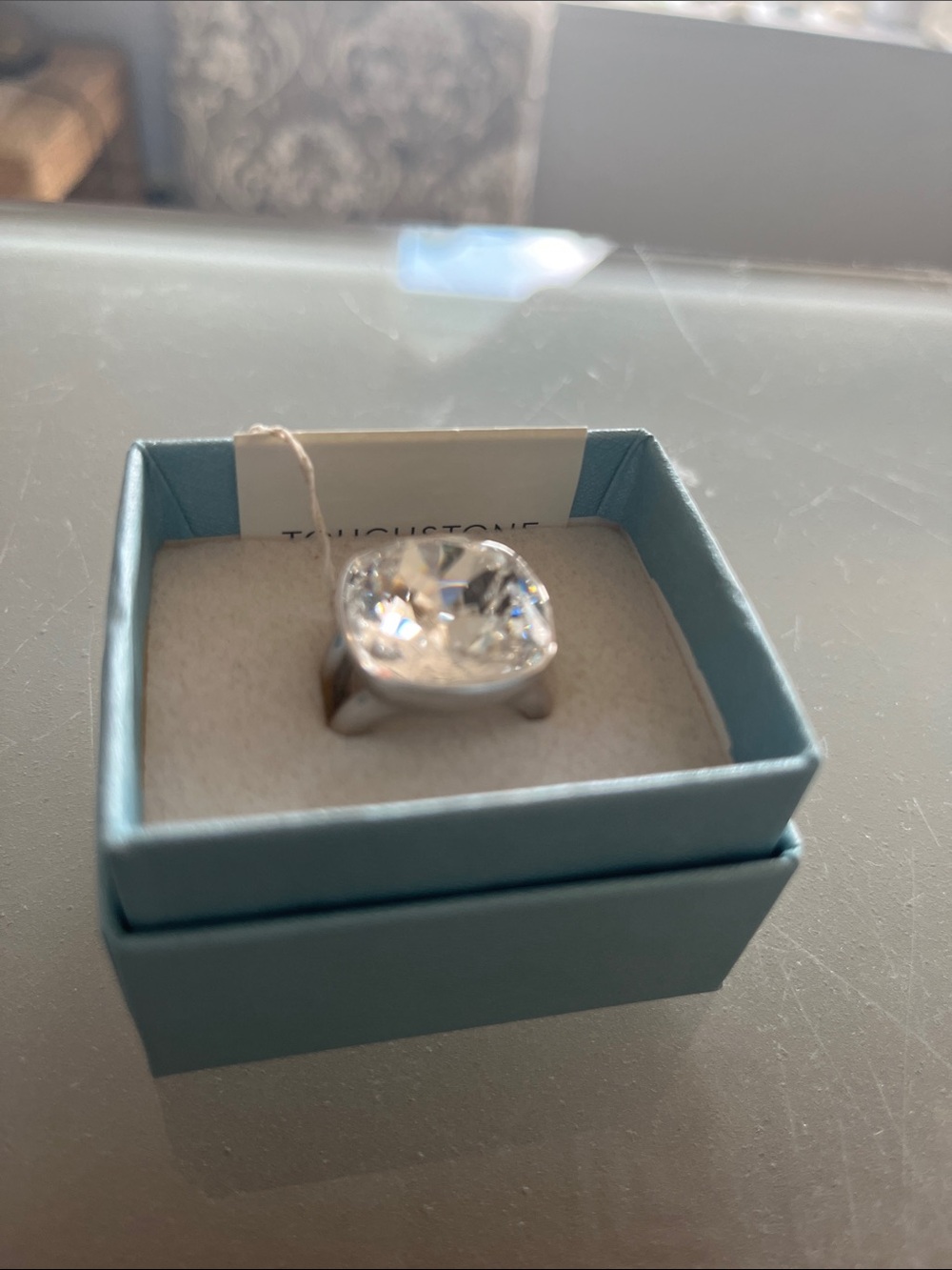 Touchstone Crystal Silver Ring with Clear Cushion Crystal